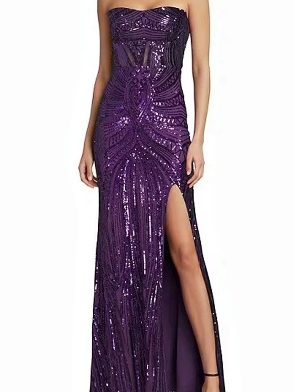 B. Darlin Sequin Patterned Sweetheart Neck Illusion Bustier Lace-Up Back Maxi
